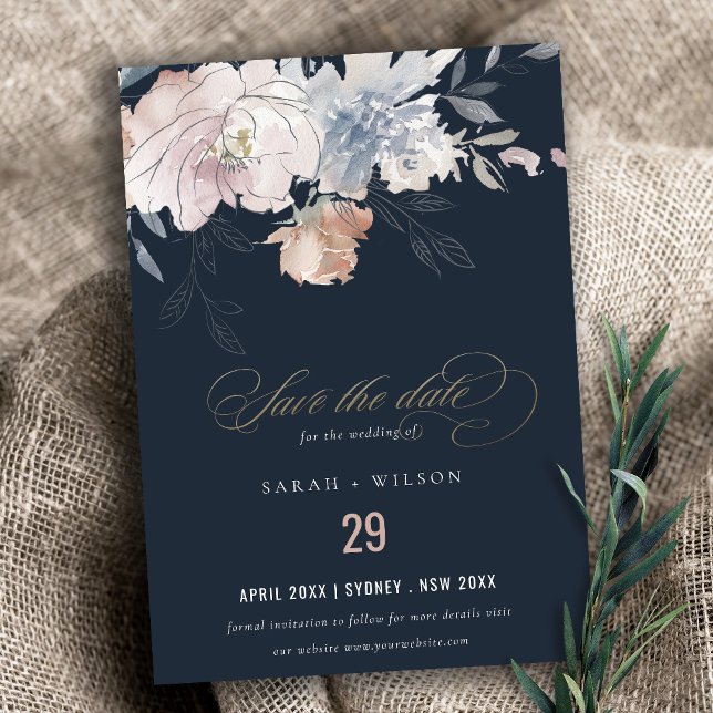 Save The Date Elégant marine Blush Aquarelle Floral Mariage (Créateur téléchargé)