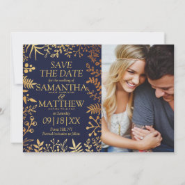 Save The Date Elegant Marine & Gold Floral Mariage Photo