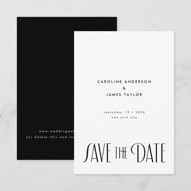 Save The Date Élégant minimaliste Mariage de typographie Art Déc (Devant / Derrière)