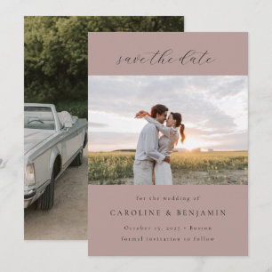 Save The Date Élégant minimaliste Mauve Script Mariage Deux phot