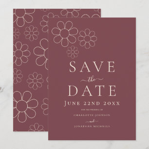Save The Date Élégant minimaliste Rétro Daisy Mariage Bourgogne