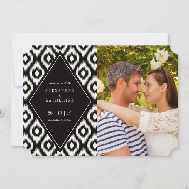 Save The Date Élégant Mod Diamond Ikat Photo Enregistrer La Cart (Devant)