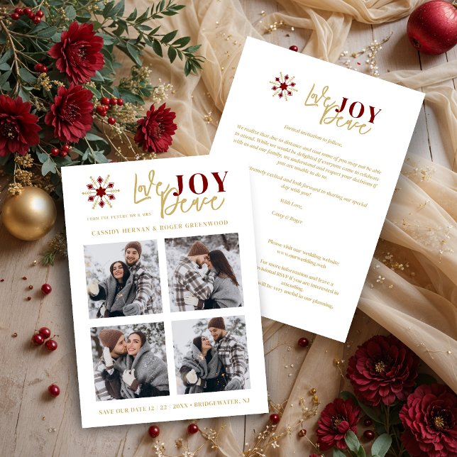 Save The Date Elegant Modern Wedding Christmas Four Photos (Elegant Modern Wedding Christmas 4 Photos in Dark Red & Fake Gold Holiday Cards as a Save the Dates.)