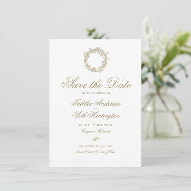 Save The Date Elégant moderne Gold Winter Wreath Mariage de vaca (Debout devant)