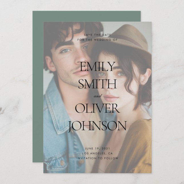 Save The Date Élégant moderne Nettoyage Sage Full Photo Mariage (Devant / Derrière)