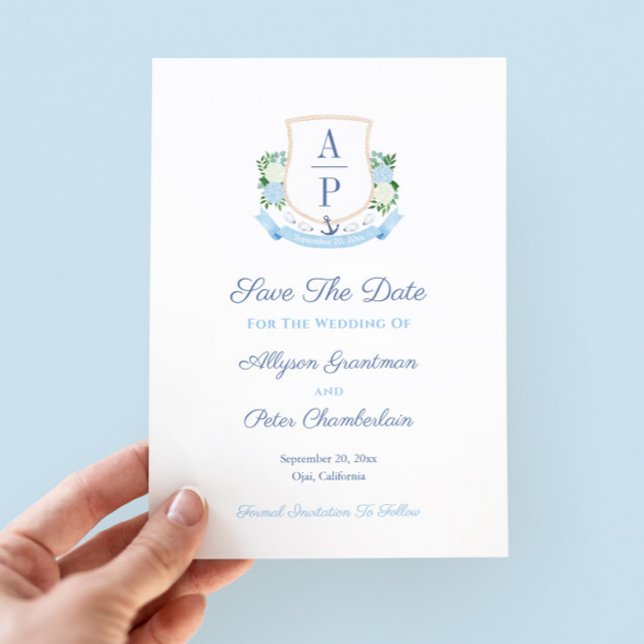 Save The Date Élégant Monogramme Côtier Mariage Crest (Elegant coastal theme save the date with hand painted watercolor couples monogram)