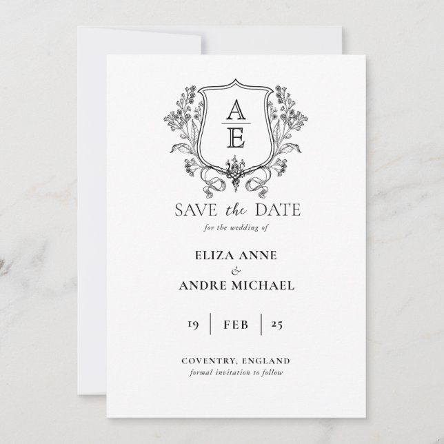 Save The Date Élégant Monogramme de Feuille de Crest Mariage Noi (Devant)