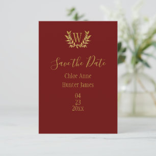Save The Date Élégant Monogramme feuille d'or rouge minimaliste