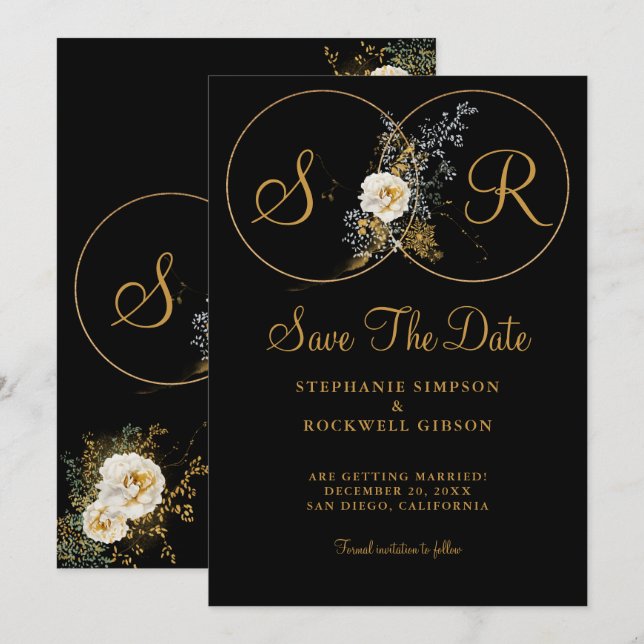 Save The Date Élégant Monogramme Or Sur Mariage Noir (Devant / Derrière)