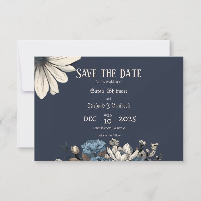 Save The Date Elégant Moody Navy Blue Floral (Devant)