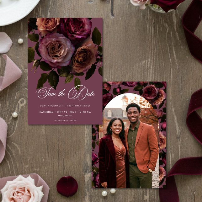 Save The Date Elegant Moody Soft Rust & Burgundy Floral Photo (Créateur téléchargé)