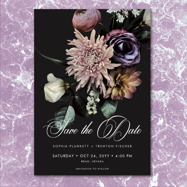 Save The Date Élégant Moody Twilight Muted Floral Mariage (Elegant Moody Twilight Muted Floral Wedding Save The Date)