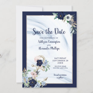 Save The Date Elégant Nautique Floral Ancre Marine Blue Blush