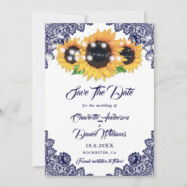 Save The Date Elegant Navy Blue Floral Lace Sunflower Wedding