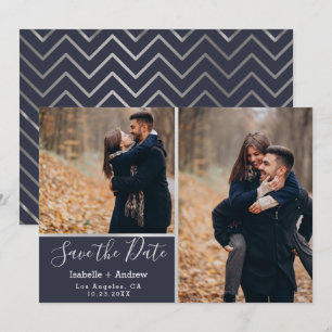 Save The Date Elégant Navy Silver Photo Collage Enregistrer la d