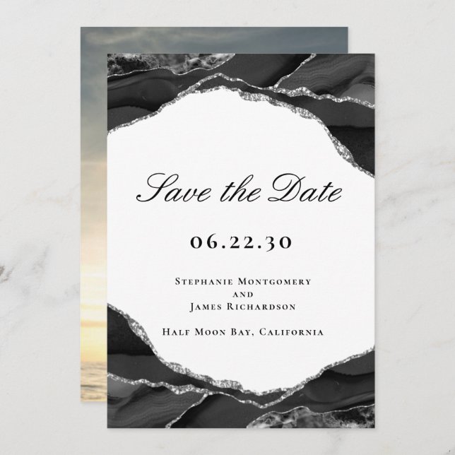 Save The Date Élégant noir argenté agate Mariage photo (Devant / Derrière)