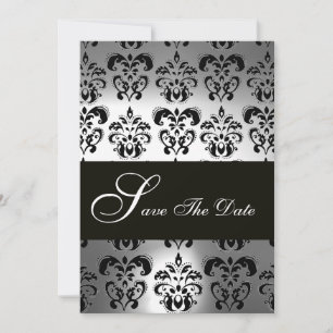 Save The Date ÉLÉGANT NOIR BLACÉ GRAY DAMASK Mariage MONOGRAM