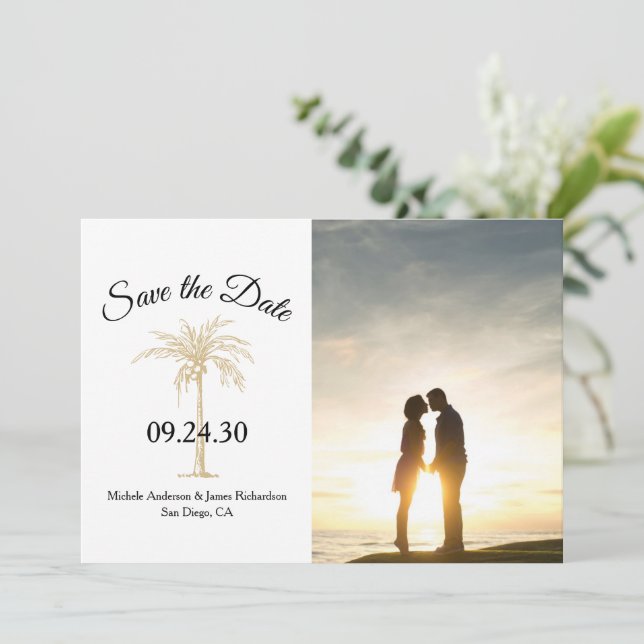 Save The Date Elégant noir blanc Palm Tree Mariage photo (Debout devant)