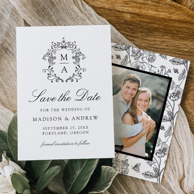 Save The Date Élégant noir Chinoiserie Floral Photo Mariage (Créateur téléchargé)