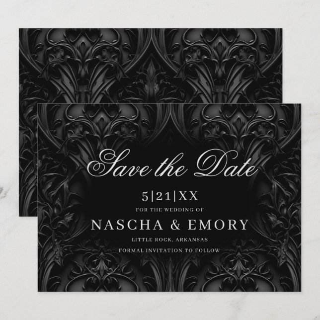 Save The Date Élégant noir gothique Damask Moody Mariage (Devant / Derrière)