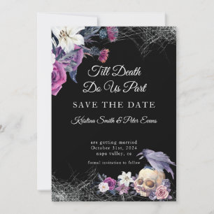 Save The Date Élégant noir violet gothique Mariage crâne floral
