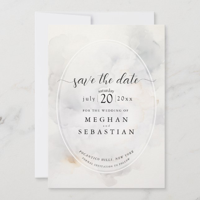 Save The Date Elégant nuages gris et or pâle doux (Devant)