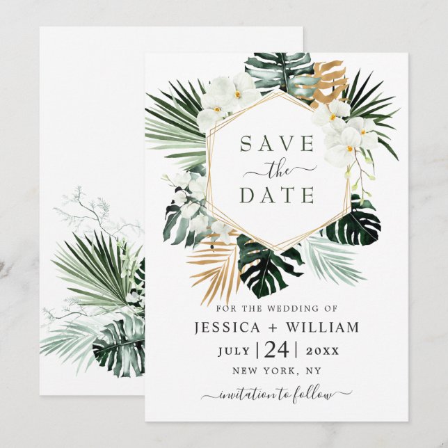Save The Date Elégant Oasis Orchid Bohemian Green Mariage (Devant / Derrière)