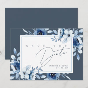 Save The Date Élégant Opulence Florale Monogramme Bleu Ardoise