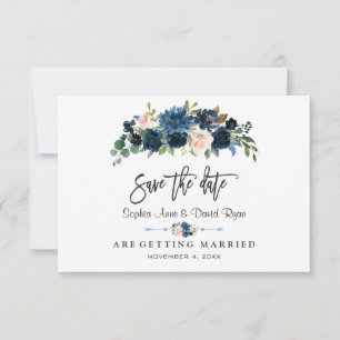 Save The Date Elégant or Marine Blue Blush Flowers écriture manu