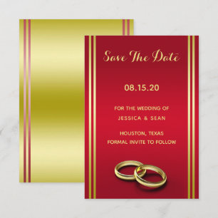 Save The Date Élégant Or & Rouge, Anneaux de Mariage Mariage