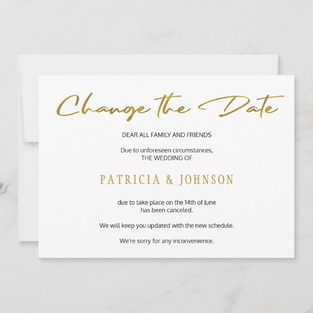 Save The Date Élégant paillettes dorées mariage changement de da (Devant)