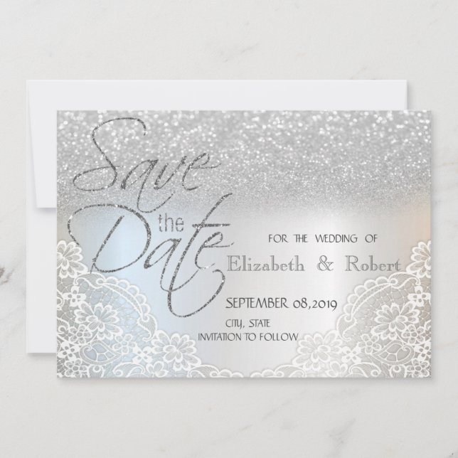 Save The Date Elégant Parties scintillant Argent Bokeh, Dentelle (Devant)