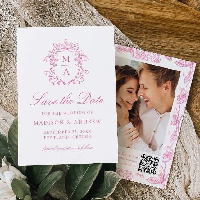 Save The Date Elegant Pink Chinoiserie Floral QR Code Wedding (Créateur téléchargé)