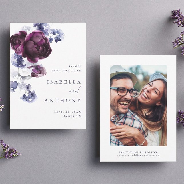 Save The Date Élégant Plum violet & Indigo Mariage Floral bleu (Front & Back)
