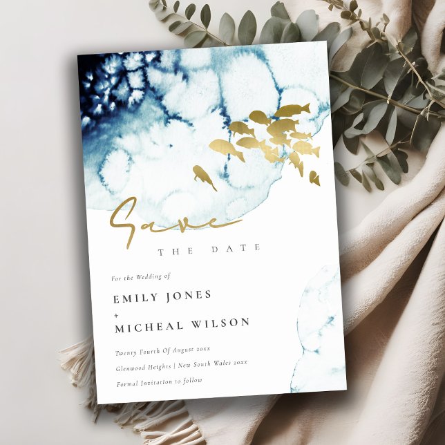 Save The Date Élégant Poisson de Marine Navy en Or Aquarelle (Créateur téléchargé)