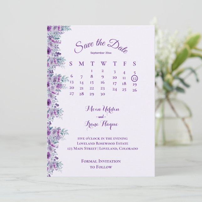 Save The Date Elegant purple flower  (Debout devant)