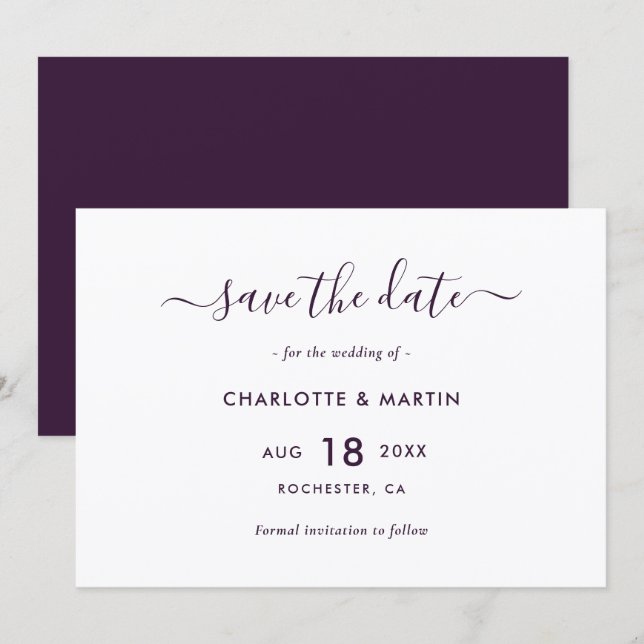 Save The Date Elegant Purple Modern Script Wedding (Devant / Derrière)