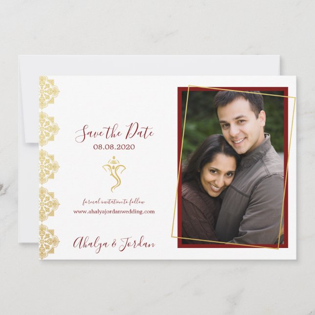 Save The Date Elégant Red & Gold Ganesha & Mehndi Enregistrer la (Devant)