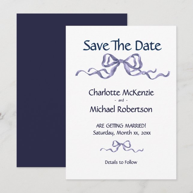 Save The Date Elegant Ribbon & Bow Romantic Wedding Navy & White (Devant / Derrière)