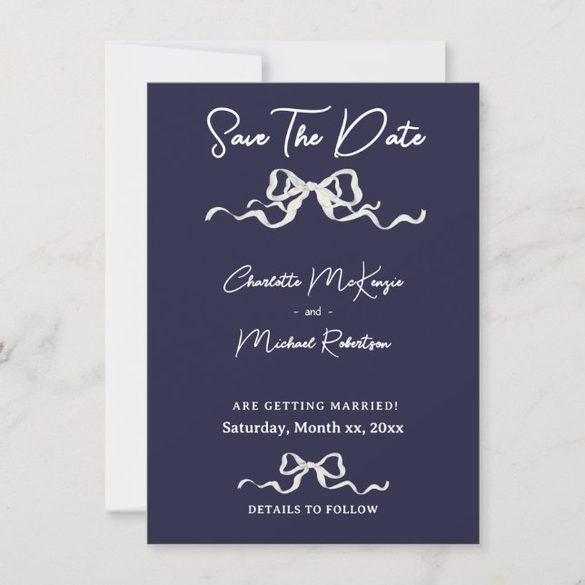 Save The Date Elegant Ribbon & Bow Romantic Wedding Navy & White (Devant)