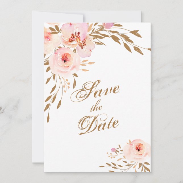Save The Date Elégant Romantique Or rose Aquarelle florale (Devant)