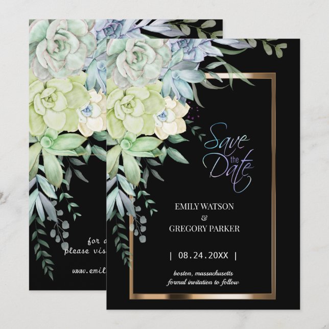 Save The Date Élégant Romantique Succulents Floral Or (Devant / Derrière)