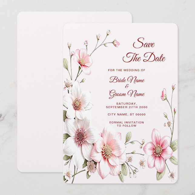 Save The Date Élégant Rose Blanc Floral Enregistrer La Date (Devant / Derrière)