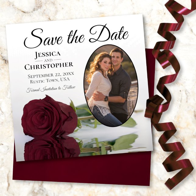 Save The Date Elégant Rose de la Bourgogne et Mariage photo oval (Créateur téléchargé)