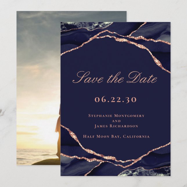 Save The Date Élégant Rose de la Marine Gold Foil Agate Mariage  (Devant / Derrière)