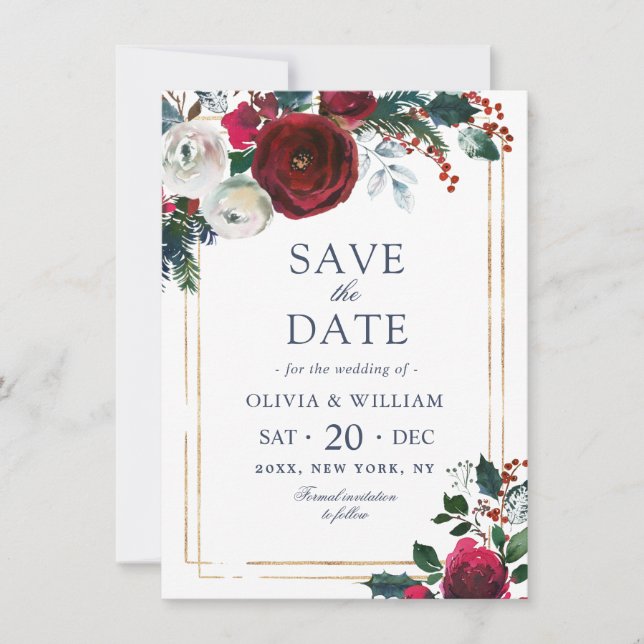 Save The Date Élégant Rose d'hiver Foliage Mariage d'aquarelle (Devant)