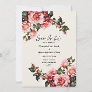 Save The Date Élégant rose et roses rouges mariage floral