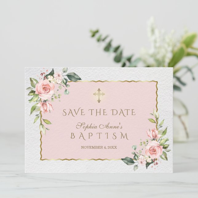Save The Date Élégant rose Fleurs Rouges Croix Baptême Fille (Debout devant)