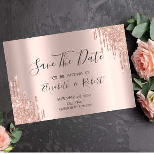 Save The Date Élégant Rose Gold Glitter Drips Faire Part de Cons