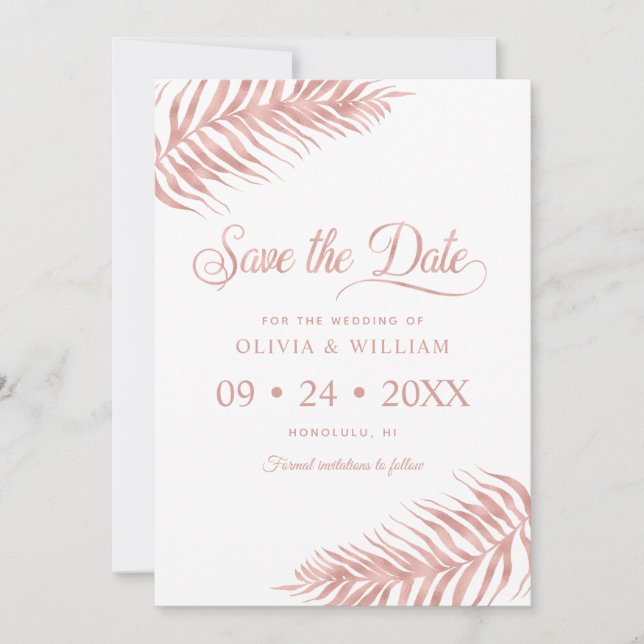 Save The Date Élégant Rose Gold Tropical Palm Leaf Mariage Enreg (Devant)